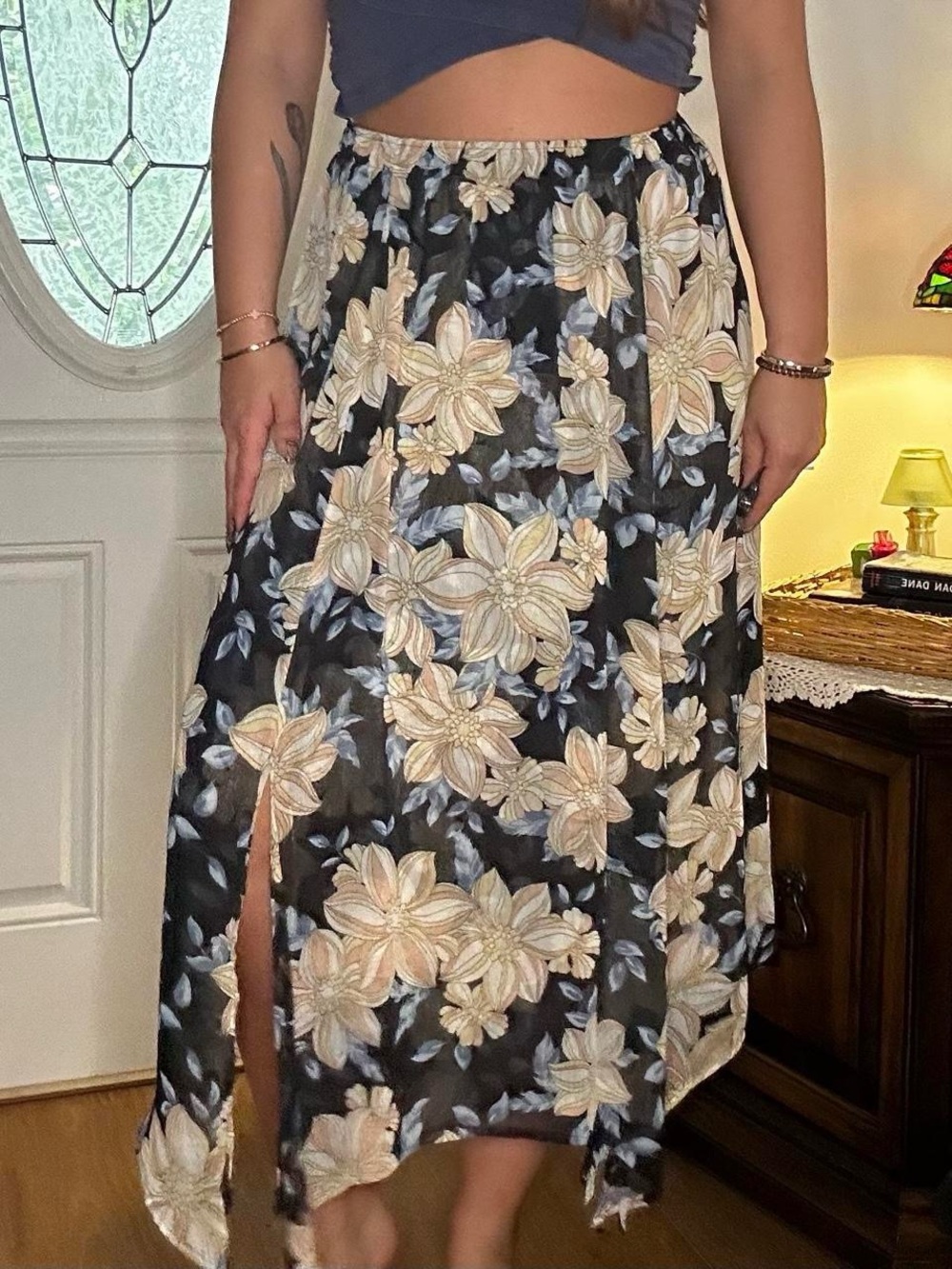Marc Bouwer Black Maxi Skirt with Cream Floral Print